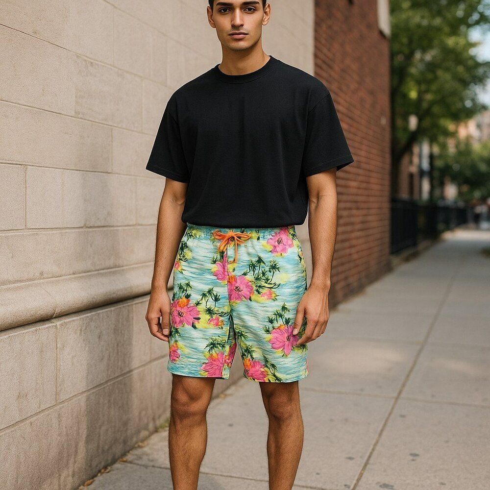 Hollister Mens Medium Blue Floral Tropical Hawaiian Swim Board Shorts Size M